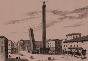 De to tårne (Asinelli og Garisenda), Bologna, Bologna, Emilia-Romagna, Italien, kobberstik, ca 21x29 cm af Joan Blaeu