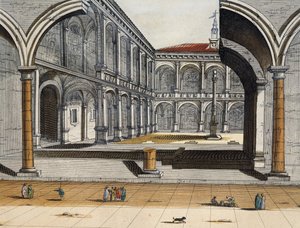 Udsigt over den indre gårdhave til det gamle universitet i Bologna, Joan Blaeu, gravering, Italien af Joan Blaeu