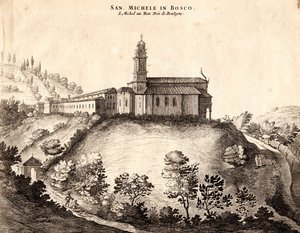 Udsigt over San Michele i Bosco Kloster, Bologna, Emilia-Romagna, Italien, kobberstik, ca 21x29 cm af Joan Blaeu