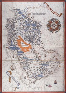 Kort over Den Arabiske Halvø, med vindrose og detaljer om havne og havkyster, i Atlas de Joan Martines