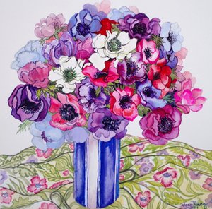 Anemoner i en stribet gryde, 2015, akvarel på håndlavet papir af Joan Thewsey