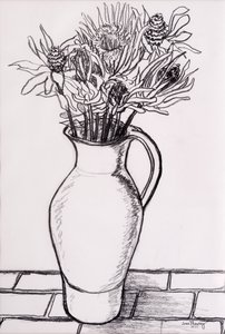 Brun kande med tørrede blomster, 2000,grafit af Joan Thewsey
