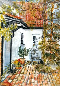 Carolines Cottage - det gamle postkontor, (gouache) af Joan Thewsey
