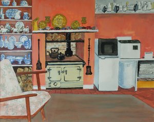 Cottage Kitchen,Red Cottage Studios,Suffolk med Rayburn,2000, gouache af Joan Thewsey