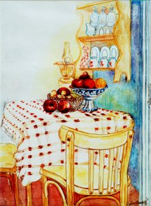 Cottage køkkenbord med æbler, 2005,(vandfarve) af Joan Thewsey