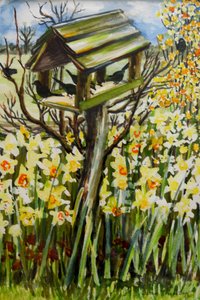 Påskeliljer og fugle i fuglehuset, 2000, (gouache) af Joan Thewsey