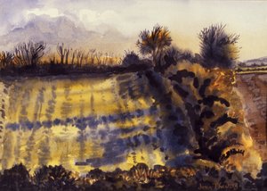 Field with Long Shadows,1990, akvarel på håndlavet papir af Joan Thewsey