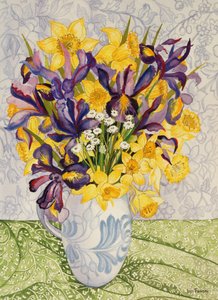 Iris og påskeliljer med mønstrede tekstiler, 2008, vandfarve på håndlavet papir af Joan Thewsey