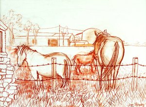 Serenade, Janie and a Donkey in the Meadow, 2000, (Terracotta Conte`) af Joan Thewsey