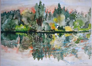 Søen ved solnedgang, Bremes les Ardres, 2000, af Joan Thewsey