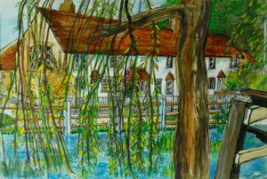 The Pond at Hedgerley (pen og blæk med gouache på papir) af Joan Thewsey