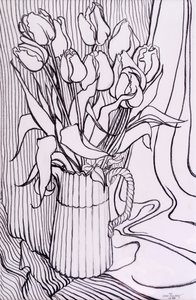 Tulipaner mod et stribet klæde,2000,grafit af Joan Thewsey