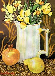 Tulipaner og påskeliljer i en hvid kande, med tekstiler, granatæble og pære (akvarel) af Joan Thewsey