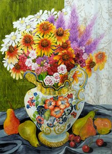 Victoriansk kande med blandede blomster, pærer og kirsebær, 2010, gouache