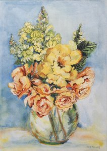Yellow Roses and Antirrhinums, 2001, (wc på håndlavet papir) af Joan Thewsey