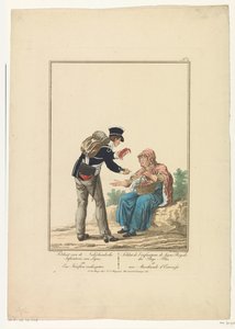 Stående soldat med hummersælger Soldat fra det hollandske infanteri i Ligne og en hummersælger (titel på objektet) Uniformer og kostumer (serietitel) af Joannes Bemme