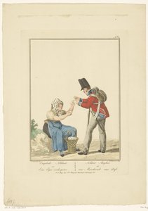 Stående soldat med siddende ægsælger Engelsk soldat og enøjet sælger (titel på objekt) Uniformer og kostumer (serietitel)