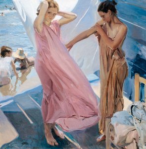 ""Apres le bain"" (Efter badet) to unge piger skifter efter bad i havet Maleri af Joaquin Sorolla y Bastida (1863-1923) - 1909 - Olie på lærred - Museo Sorolla Madrid