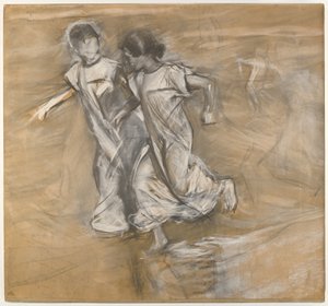 Uden titel (Two Girls in White Running Arm in Arm) (kul, grafit og hvid pastel) af Joaquín Sorolla
