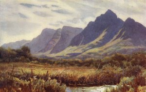 Cape Peninsula, Sydafrika: Taffelbjerget fra Cape Flats (farve litho) af Joaquin Xaudaru y Echau
