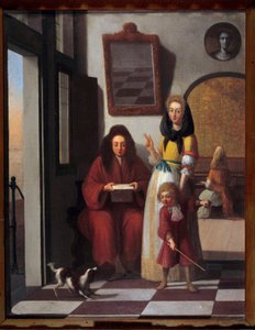 Genrescene En familie i et interiør. Moderen holder sin søn ved at lege med hunden. Maleri af Job Berckheyde (1630-1696) Avignon fra det 17. århundrede, Calvet Museum