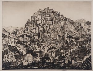 Udsigt over Anticoli Corrado med bondekvinder i forgrunden (gravering og tørnål)
