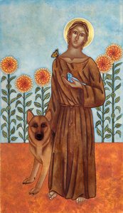 Saint Francis and the Wolf of Gubbio, 2009 (æggetempera og 24k guld på træ) af Jodi Simmons