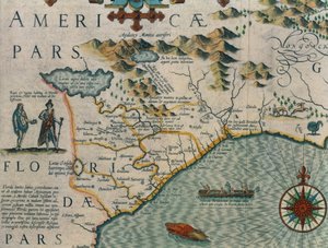 Coast of North Carolina, detalje af kortet med titlen Virginiae item et Floridae fra Mercator Atlas... af 1606, pub. af Jodocus Hondius, 1619 håndfarvet gravering se også 66818, 81957 & 81958