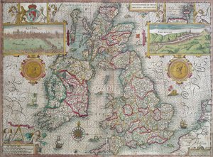 Kort over Kongeriget Storbritannien og Irland, 1610 (håndfarvet gravering)