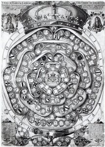 The Union of the Roses of the Families of Lancaster and York, 1589 (pladegravering) af Jodocus Hondius