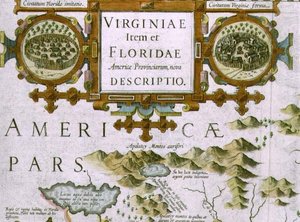 Titelkartouche og indstik, detalje af kortet over North Carolina med titlen Virginiae item et Floridae, fra Mercator Atlas... af 1606, pub. af Jodocus Hondius, 1619 (håndfarvet gravering) (se også