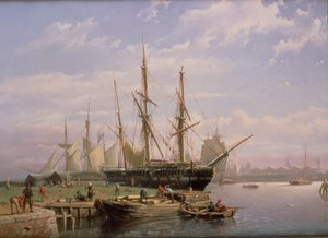 Hollandske sejlskibe for anker i en flodmunding af Johan Adolph Rust