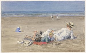 Hvilende barnepige med to børn på stranden