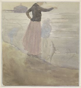 Kvinde med to børn og en hund på stranden