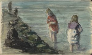 Kvinde med to børn langs havnefronten
