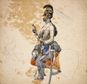 En trooper fra det 5. dragonregiment vist genoplade sin hestepistol, 1840-1850 (blyant og vandfarve)