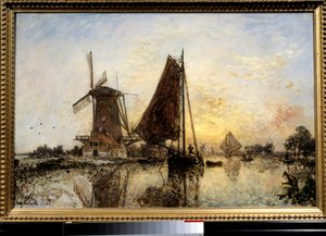 Hollandsk landskab, både nær møllen Maleri af Jean Barthold Jongkind (1819-1891) 1868 søn. 0,52x0,81 m Paris, Musee d