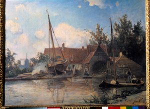 Hollandsk landskab med en stor båd tætningsmaleri af Jean Barthold Jongkind (1819-1891) 1857 søn. 0,42x0,56 m af Johan Barthold Jongkind