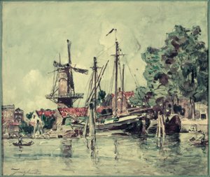 I Holland, bådene nær møllen af Johan Barthold Jongkind