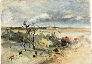 Landskab med mand på et æsel (recto) To kvinder på en café (verso) af Johan Barthold Jongkind