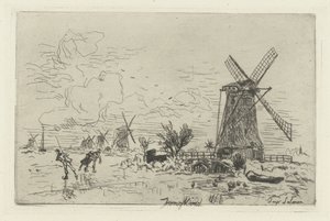 Landskab med vindmøller og skatere Batavia af Johan Barthold Jongkind
