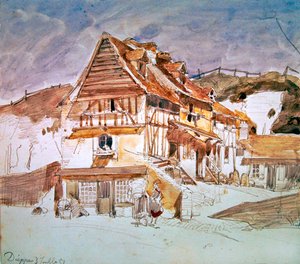 Gamle huse i Dieppe, Normandiet, Frankrig, 1851 (pen, blæk og wc på papir) af Johan Barthold Jongkind