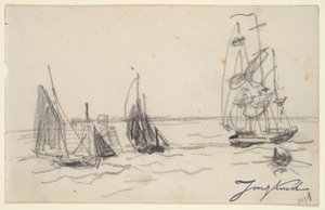 Små Sejlbåde og en Tre-Master af Johan-Barthold Jongkind