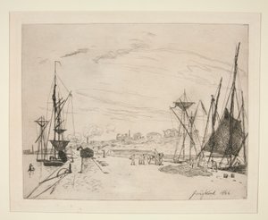 Udsigt fra havnen til jernbanen? Honfleur (Udsigt over havnen fra jernbanen ved Honfleur) af Johan-Barthold Jongkind