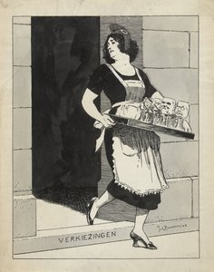 Design til illustration i De Amsterdammer: Den hollandske jomfru som stuepige med en bakke med glas snubler over valgtrinnet (17. maj 1924)