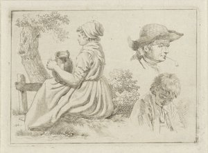 Siddende kvinde med en kande, portræt af en mand med en pibe og en dreng af Johan Christiaan Willem Safft