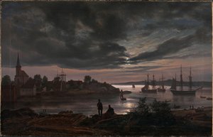 Norsk:  Larvik havn i måneskin Larvik i måneskin af Johan Christian Dahl