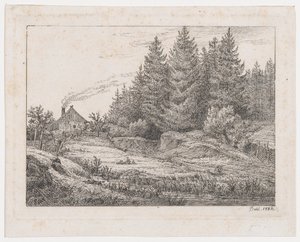 Bondehytte i udkanten af en skov af Johan Christian Dahl