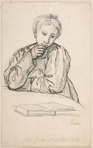 Portræt af Eline Marie Heger som barn, lænet op ad et bord, mens hun ser på en bog af Johan Christian Dahl