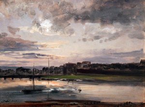 Elben og Dresden Neustadt i aftenlyset / Elben og Neustadt-banken i Dresden i aftenlyset af Johan Christian Dahl